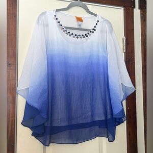 Ruby Rd. White to Blue Ombre Tunic with Embellished Neckline size Large